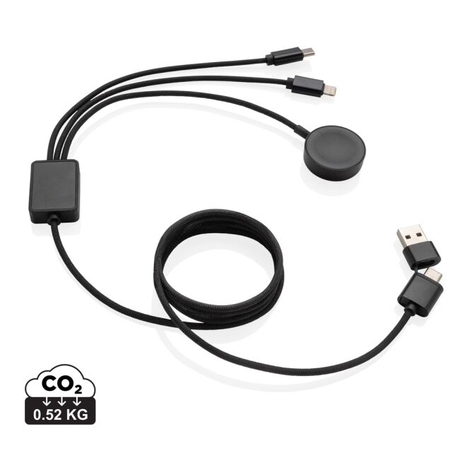 Werbeartikel Terra RCS rPET 6-in-1-Ladekabel – grau – mit Logo bedruckt, 120cm, nachhaltig, mit Uhrenladegerät für den Büroalltag