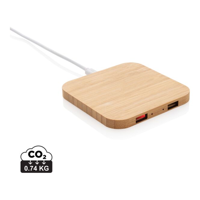 Firmengeschenk 5W Wireless Charger aus Bambus mit Logodruck – Braun – kabellose Ladestation für Büro und Business