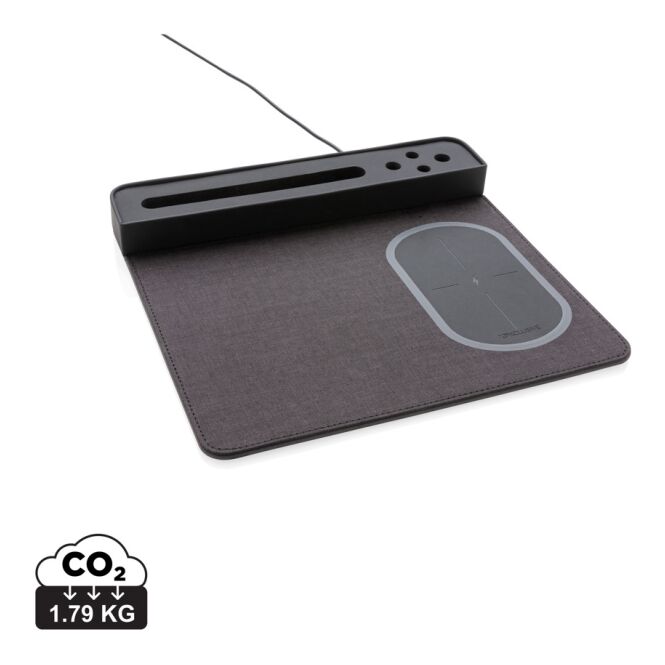 Premium-Werbegeschenk Air Mauspad mit 5W Wireless Charger mit Logodruck – Schwarz – multifunktionales Computerzubehör für Büro und Schreibtisch