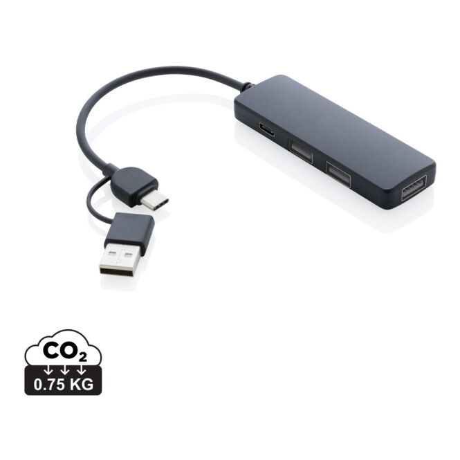 Werbeartikel USB-Hub mit Logodruck – RCS zertifiziertes Gehäuse – Schwarz – nachhaltiges Computerzubehör für Messen und Büro