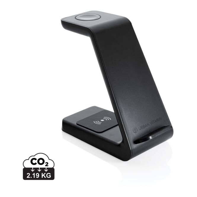 Firmengeschenk Fairfield 3-in-1 Charger mit Logodruck – Schwarz – kabellose Ladestation für Büro und Business