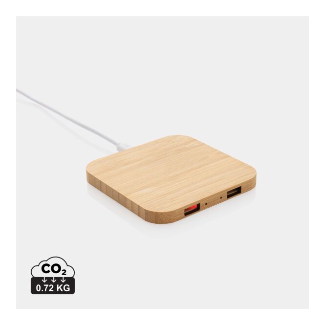 Kundengeschenk Wireless Charger Bambus – braun – lasergraviert 10W nachhaltig mit USB-Ports für das Homeoffice