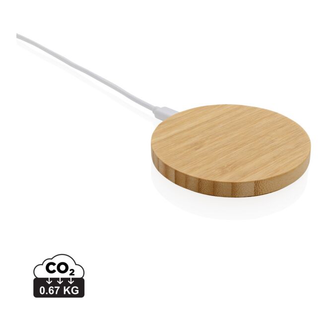 Kundengeschenk Wireless Charger FSC®-Bambus – braun – lasergraviert 15W Qi-Standard nachhaltig für das Homeoffice