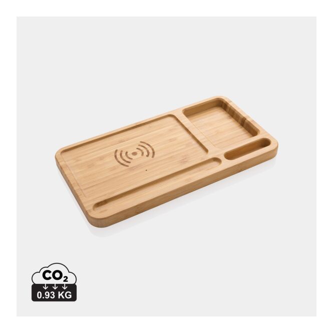 Firmengeschenk Bambus Desk Organizer mit 10W Wireless Charger mit Lasergravur – Braun – kabellose Ladestation für Büro und Schreibtisch