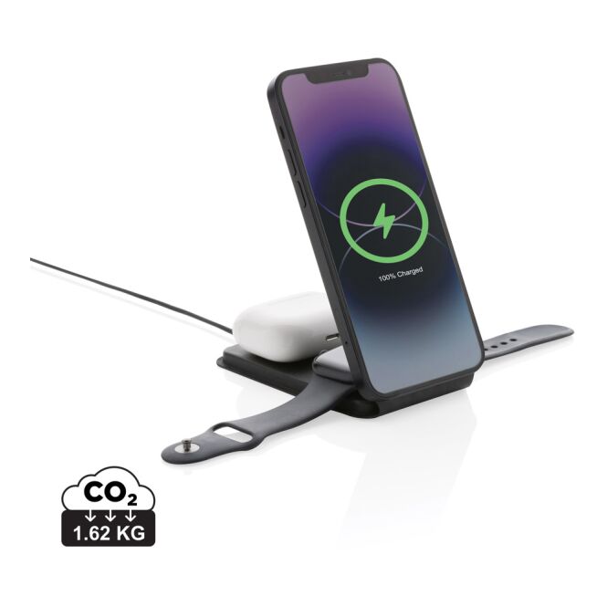 Firmengeschenk 3-in-1 Wireless Charger mit Gravur – Schwarz – magnetische Ladestation für Büro und Technik