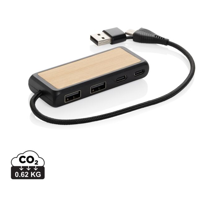 Werbeartikel Link Dual Input USB Hub mit Logo bedruckt – Schwarz – nachhaltiger USB-Verteiler für Büro und Computerzubehör