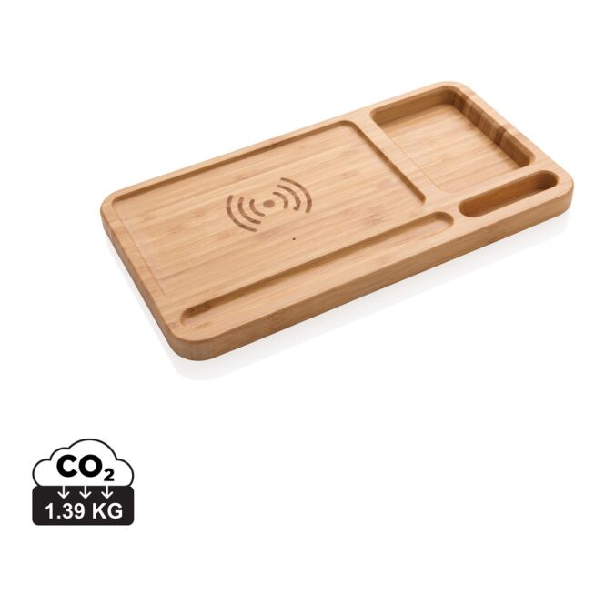 Firmengeschenk Bambus-Organizer mit 5W Wireless Charger mit Logodruck – Braun – Schreibtisch-Utensilo für Büro & Homeoffice