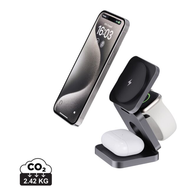 Premium-Werbegeschenk Terra 3-in-1 15W Charger mit Logodruck – Grau – nachhaltige Ladestation aus recyceltem Aluminium für Büro und Business