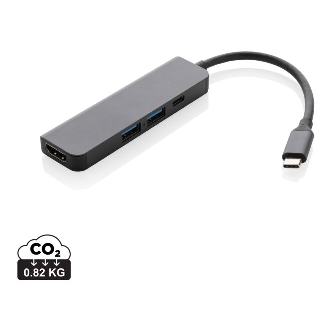 Premium-Werbegeschenk Terra Hub mit Gravur – recyceltes Aluminium – Grau – nützliche USB-Erweiterung für Business-Notebooks und Büro