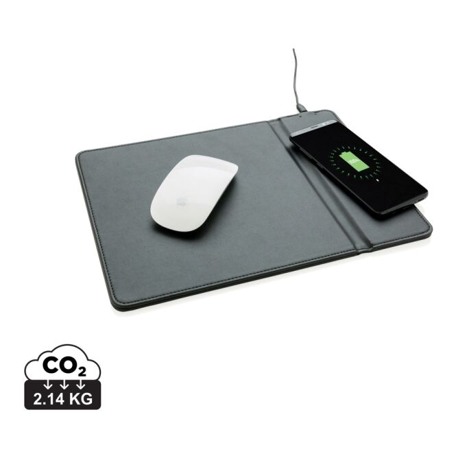 Werbeartikel PU Mousepad mit Wireless-Charging und Logodruck – Schwarz – multifunktionales Schreibtisch-Zubehör für Kunden und Büro