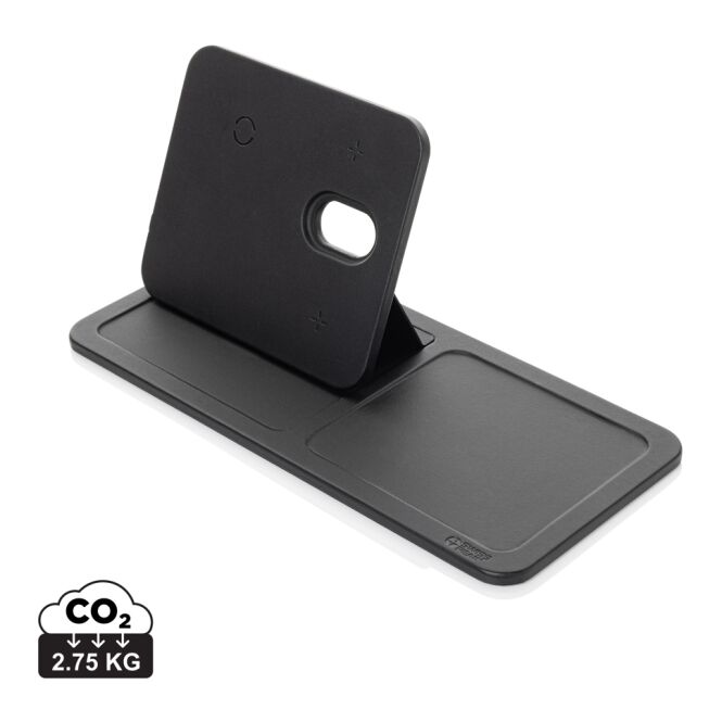 Firmengeschenk 3-in-1 Wireless-Charging Desk-Tray mit Gravur – Schwarz – multifunktionale Ladestation für Büro und Schreibtisch
