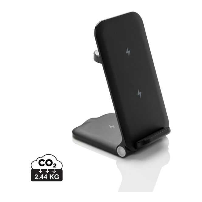 Premium-Werbegeschenk Powerpal 3-in-1 Ladegerät mit Logodruck – Schwarz – recycelte Ladestation für Technik-Events und Bürobedarf
