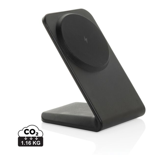 Firmengeschenk VoltPerch 15W magnetischer Wireless Charger mit Logodruck – Schwarz – Ladestation für Büro und mobile Geräte