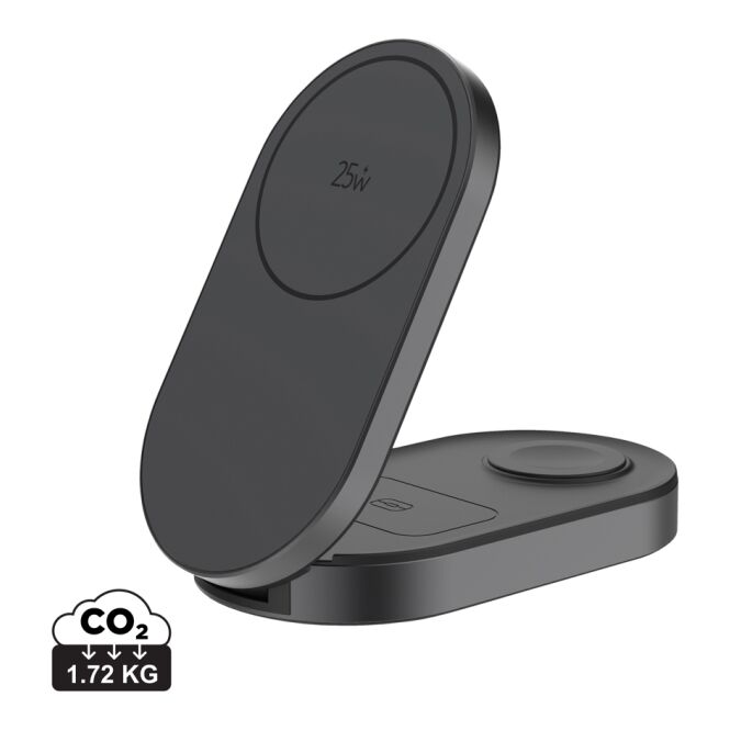 Kundengeschenk Wireless Charger Quantum 3-in-1 – grau-schwarz – mit Logo bedruckt 25W Qi-Standard nachhaltig für das Mitarbeiter-Onboarding