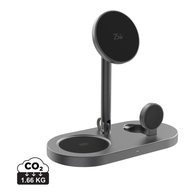 Premium-Werbegeschenk Quantum Ultra-Fast 25W Desk-Charger mit Logodruck – Grau-schwarz – magnetische Ladestation für Büro und Unternehmen