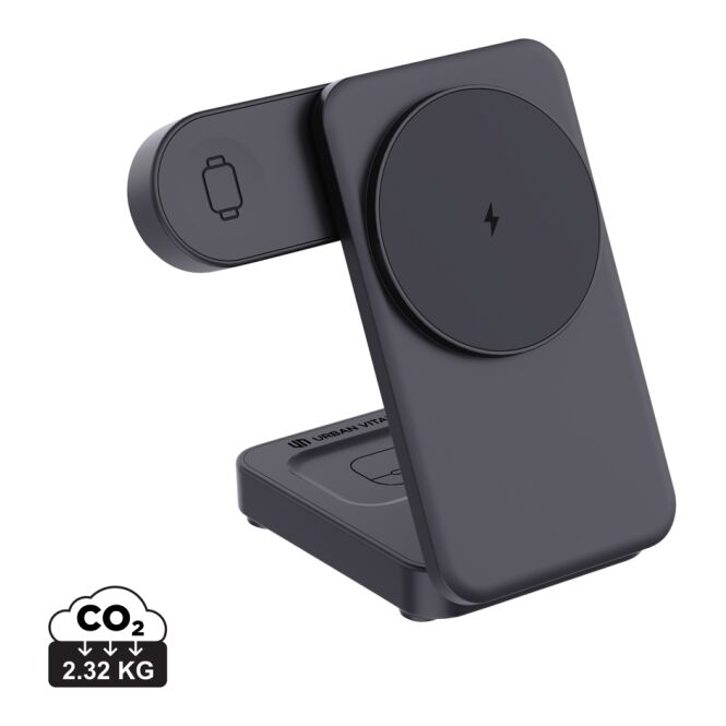 Firmengeschenk Arcadia 3in1 15W Magnet-Ladegerät mit Logodruck – Schwarz – recyceltes Wireless Charging Zubehör für Büro und Business