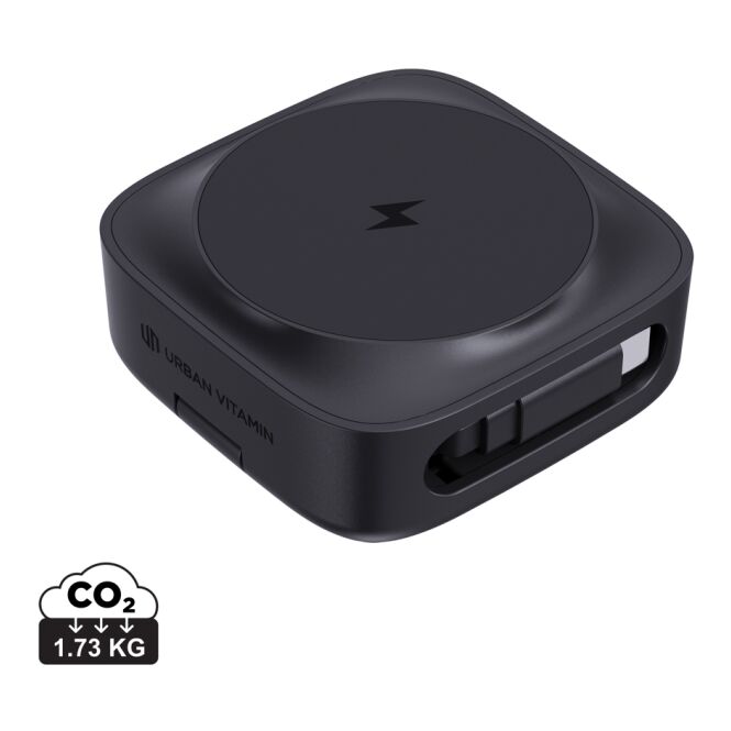 Premium-Werbegeschenk Goleta 2-in-1 15W Wireless Ladegerät mit Logodruck – Schwarz – Ladestation für Büro und geschäftliche Reisen
