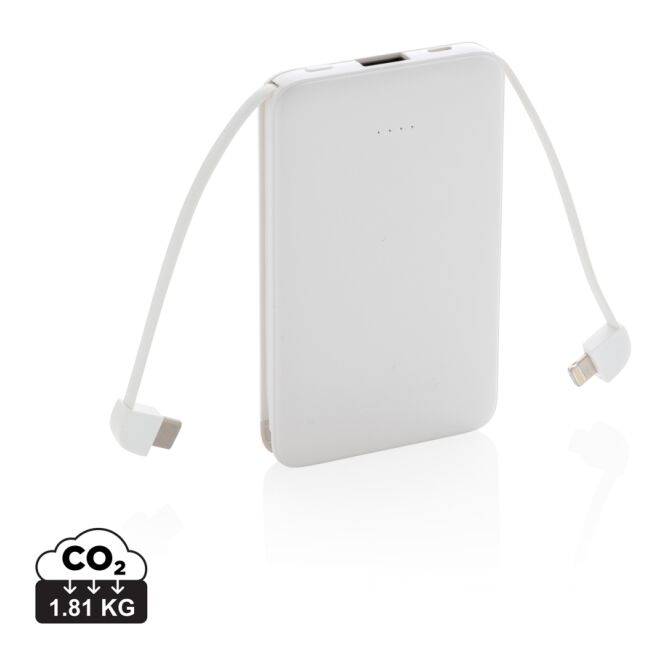 Firmengeschenk Powerbank 5.000 mAh – weiß – mit Logo bedruckt 3-in-1 Ladekabel für den Büroalltag