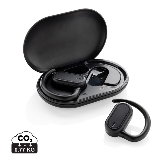 Mitarbeitergeschenk Fitsound TWS-Ohrhörer mit Logodruck – Schwarz – kabellose Kopfhörer aus recyceltem Kunststoff für Firmen