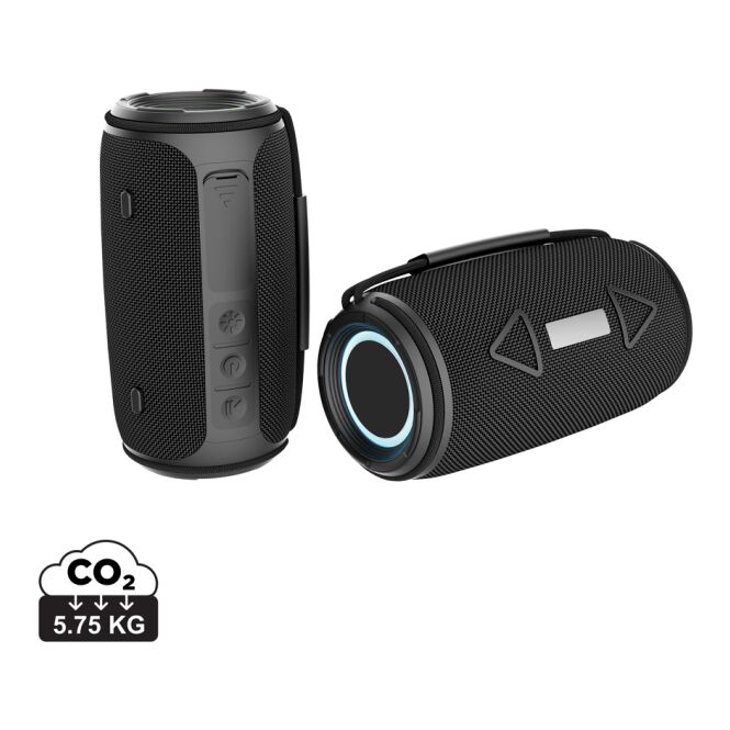 Kundengeschenk Bluetooth Lautsprecher Prisma 16W – schwarz – mit Logo bedruckt nachhaltig 16W IPX4 für das Homeoffice