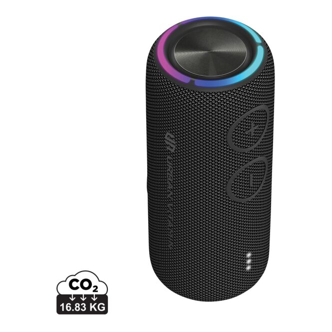 Firmengeschenk Bluetooth Lautsprecher Urban Vitamin Pacific Grove – schwarz – mit Logo bedruckt 30W IPX7 nachhaltig für das Mitarbeiter-Onboarding