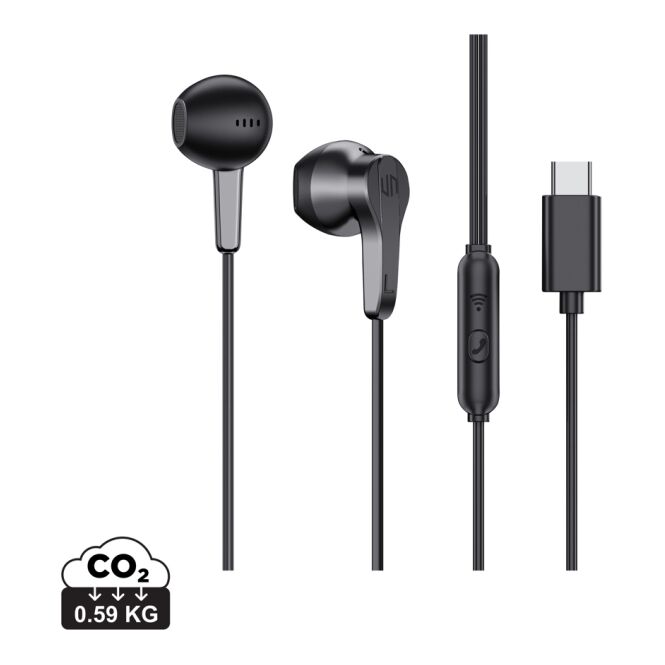 Firmengeschenk Urban Vitamin Hartford In-Ear-Kopfhörer – schwarz – mit Logo bedruckt USB-C TPE-Kabel für den Büroalltag