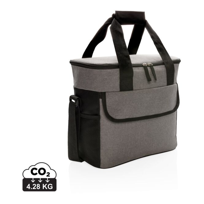 Werbeartikel Kühltasche mit Logodruck – Grau-Schwarz – geräumige Isoliertasche für Mitarbeiter und Kunden
