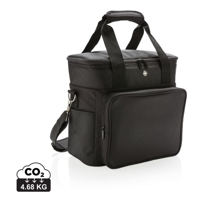 Firmengeschenk Kühltasche Swiss Peak – schwarz-grau – mit Logo bedruckt für 20 Dosen isolierte Cooler Bag für Sommerfest & Firmen-Events