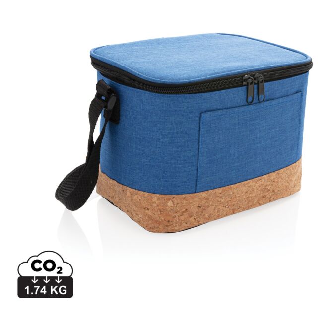 Werbeartikel Kühltasche Two-Tone mit Korkdetails – blau – mit Logo bedruckt für 6 Dosen, isolierte Cooler Bag für Firmen-Events