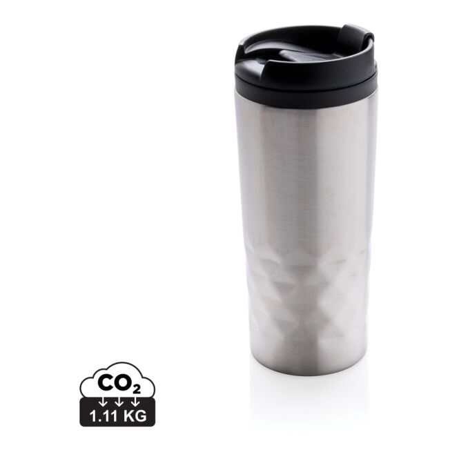 Premium-Werbeartikel Thermobecher Stainless-Steel geometrischer Becher – silber – mit Gravur 300 ml für die Büroküche
