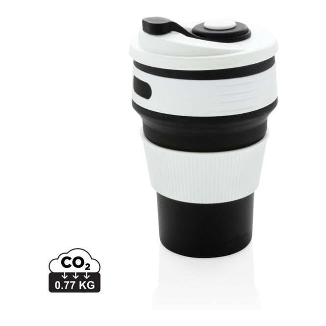 Werbeartikel faltbarer Silikon-Becher – schwarz – mit Logo bedruckt 350 ml nachhaltig für Outdoor-Aktivitäten und Events