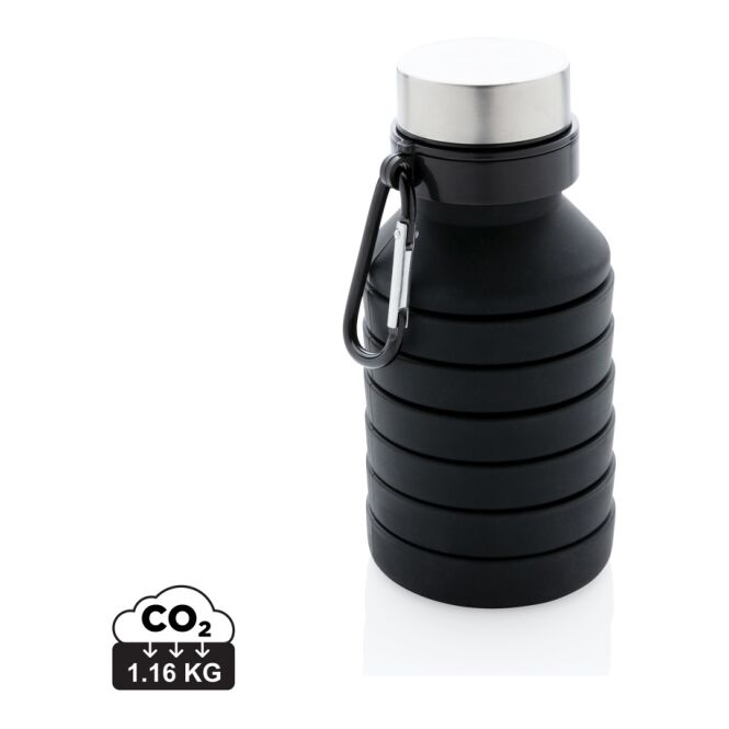 Sport-Werbemittel faltbare Silikonflasche – schwarz – mit Logo bedruckt 550ml BPA-frei auslaufsicher für Sportevents & Turniere