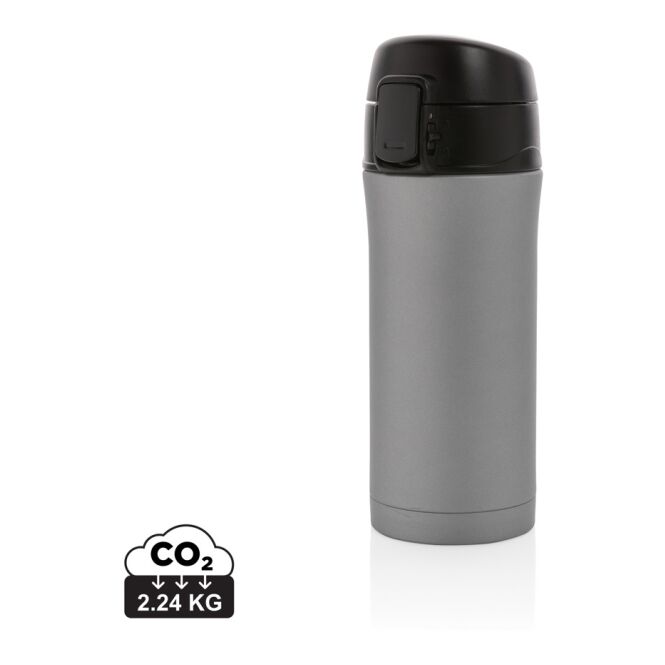 Kundengeschenk Thermobecher Metallic Easy-Lock – grau – mit Logodruck 300 ml für die Büroküche