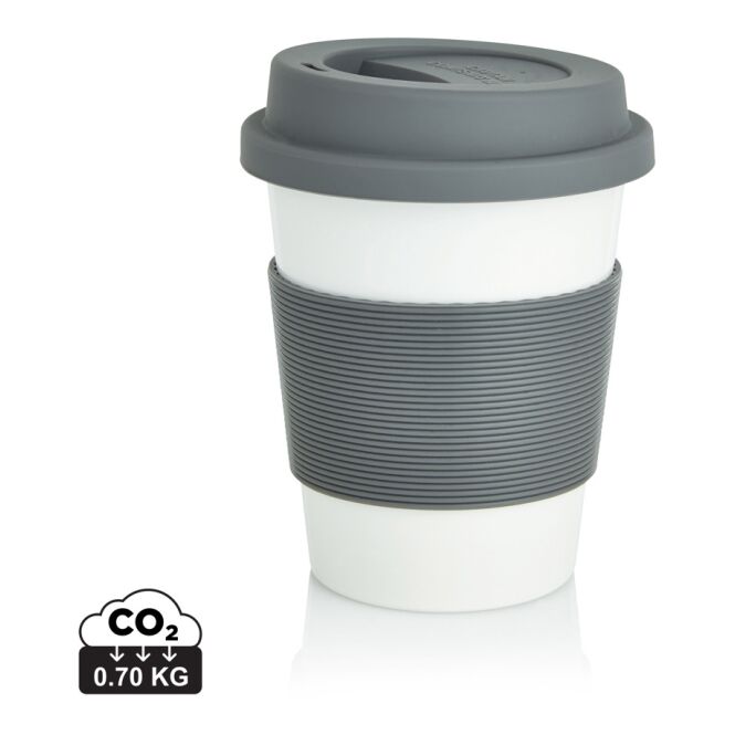Werbeartikel Kaffee to go Becher ECO PLA – grau-weiß – mit Logo bedruckt 350 ml nachhaltig für die Büroküche