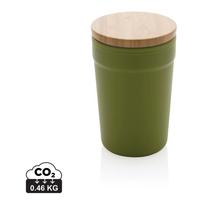 Werbeartikel GRS Recycelt PP-Becher Bambusdeckel – grün – mit Logo bedruckt 300 ml nachhaltiger Kaffee to go Becher für Büro