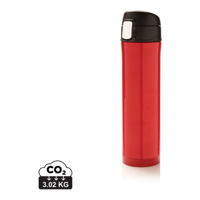 Firmengeschenk Easy Lock Vakuum Flasche – rot-schwarz – mit Logodruck 450 ml doppelwandig vakuumisoliert auslaufsicher für das Mitarbeiter-Onboarding