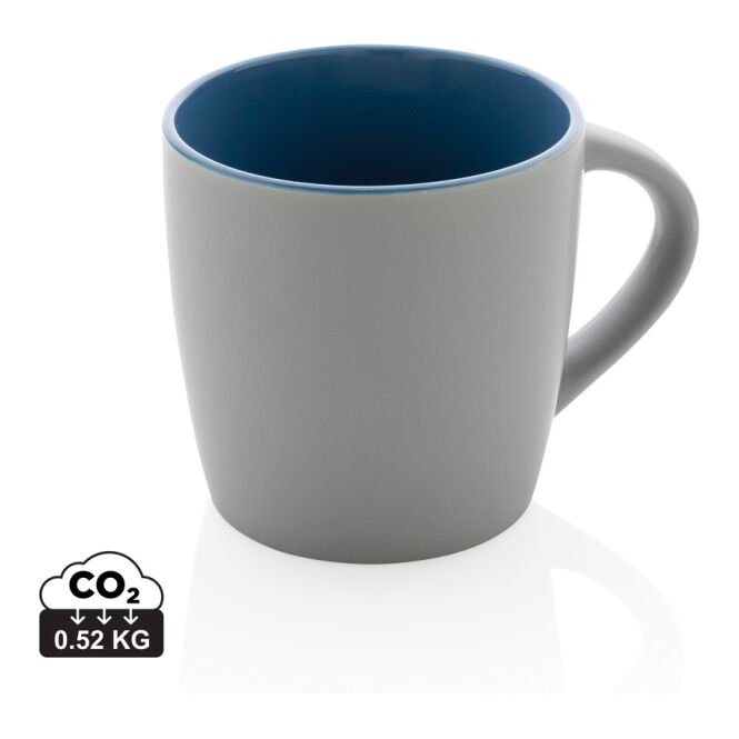 Werbeartikel Keramiktasse – blau-grau – mit Logodruck 300 ml für die Büroküche