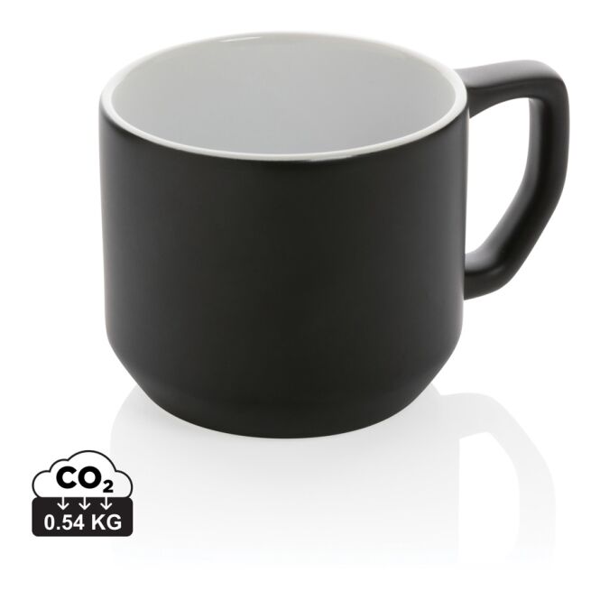 Firmengeschenk Kaffeebecher Moderne Keramiktasse – schwarz-weiß – mit Logodruck 350 ml für die Büroküche