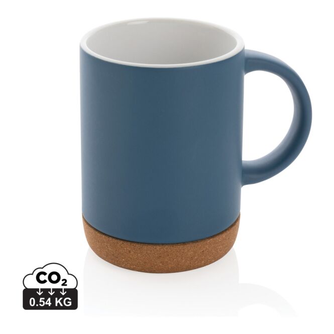 Werbeartikel Keramikbecher mit Korkboden – blau – mit Logodruck 280 ml für die Büroküche