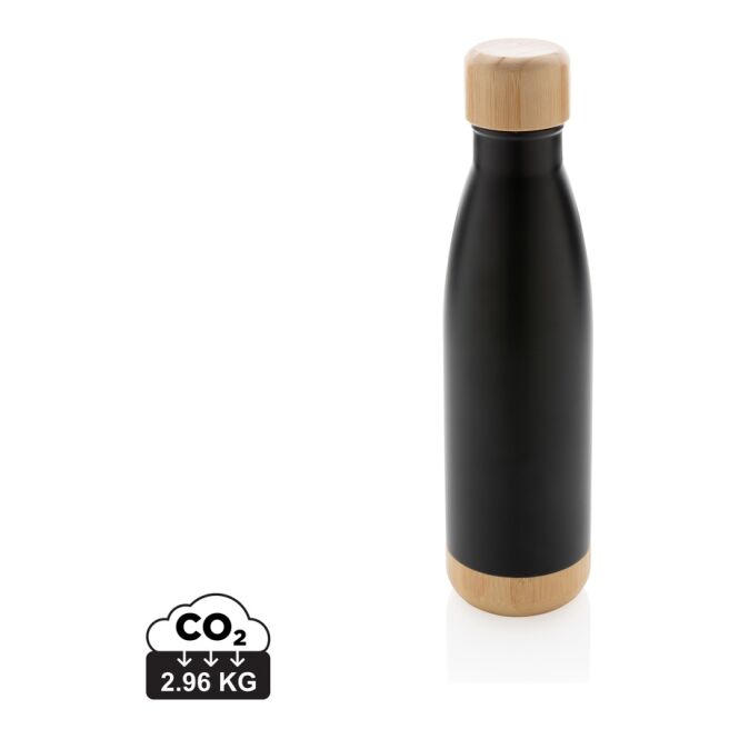 Kundengeschenk Vakuum Edelstahlflasche – schwarz – mit Gravur 520ml vakuumisoliert nachhaltiger Bambus für das Mitarbeiter-Onboarding