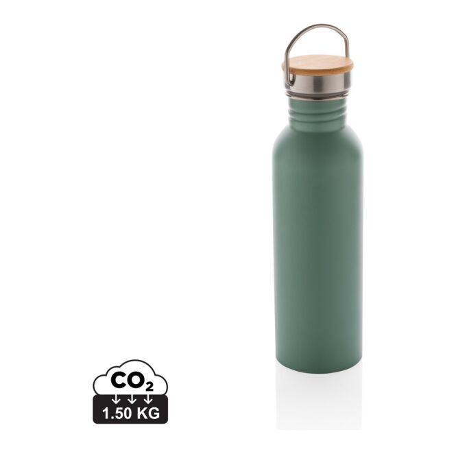 Werbeartikel Edelstahlflasche Moderne mit Bambusdeckel – grün – mit Logodruck 700ml nachhaltig BPA-frei für Sportevents & Turniere