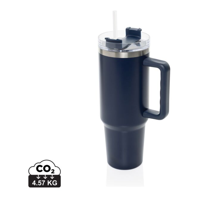 Premium-Werbeartikel Thermobecher Stadley – navy blau – mit Logodruck 1200 ml nachhaltiger Edelstahlbecher für das Mitarbeiter-Onboarding