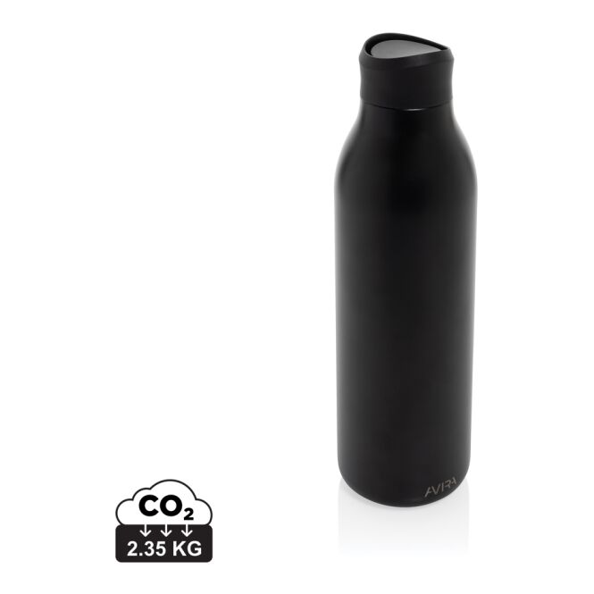 Kundengeschenk Trinkflasche Avira Alok – schwarz – mit Logodruck 600ml nachhaltiger recycelter Stahl BPA-frei für das Mitarbeiter-Onboarding