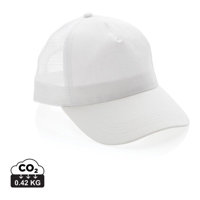 Mitarbeitergeschenk Cap Impact AWARE 190gr – weiß – mit Logo bestickt nachhaltige 5 Panel Trucker-Cap klassisches Baseball Cap für Teams
