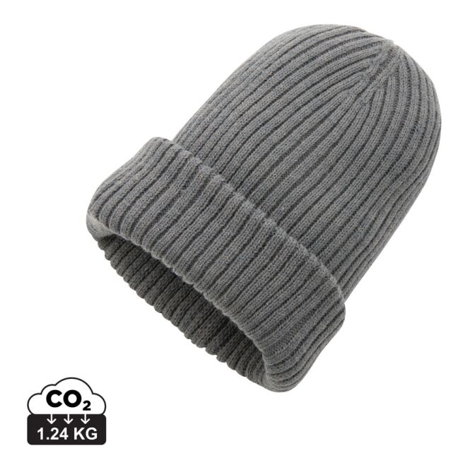 Mitarbeitergeschenk Mütze Impact AWARE™ Polylana® – grau – mit Logodruck umweltfreundliche Alternative aus recyceltem Material moderner Beanie