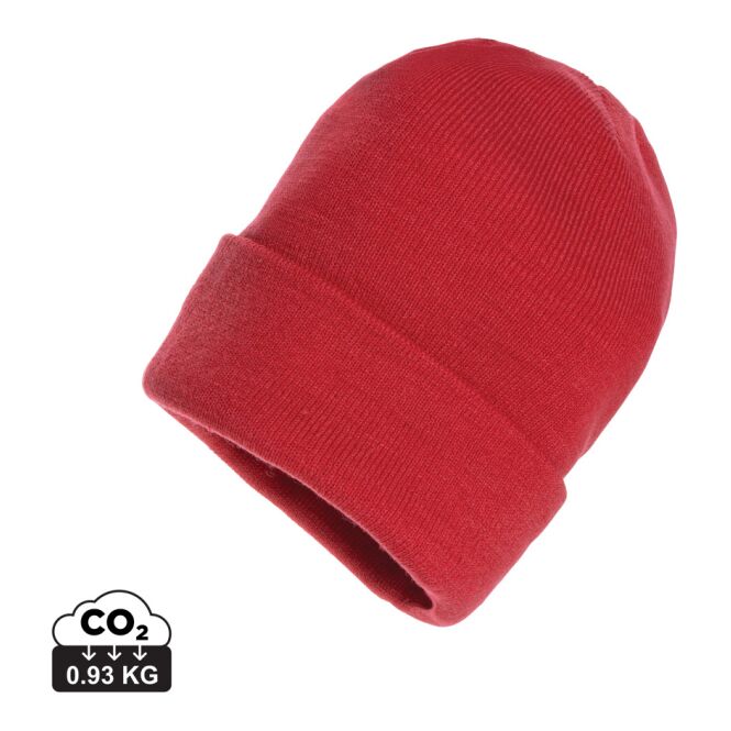 Werbeartikel Mütze Impact Polylana® – sattes rot – mit Logo bedruckt, Polylana®-Garn mit AWARE™ Tracer, moderner Beanie für Firmengeschenk