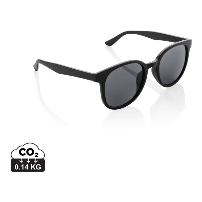Mitarbeitergeschenk Sonnenbrille ECO Weizenstroh – schwarz – mit Logo bedruckt UV 400-Schutz nachhaltiges Material für Firmen – klassische