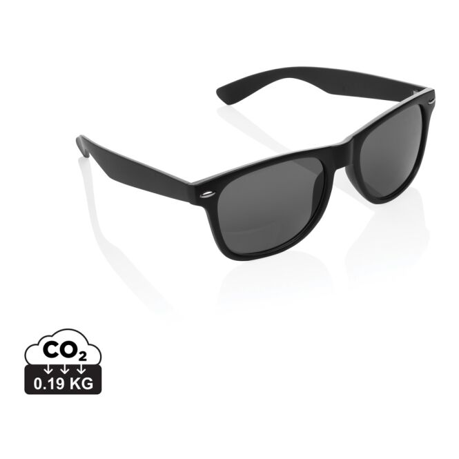 Mitarbeitergeschenk Sonnenbrille GRS-recycelt – schwarz – mit Logo bedruckt UV400 CAT3 100% recycelter Kunststoff nachhaltiges Accessoire