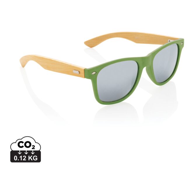 Werbeartikel Sonnenbrille FSC-Bambus RCS-Kunststoff – grün – mit Logo bedruckbar UV400 EN ISO 12312-1 CAT 3 stylische UV-Brille Firmenevent