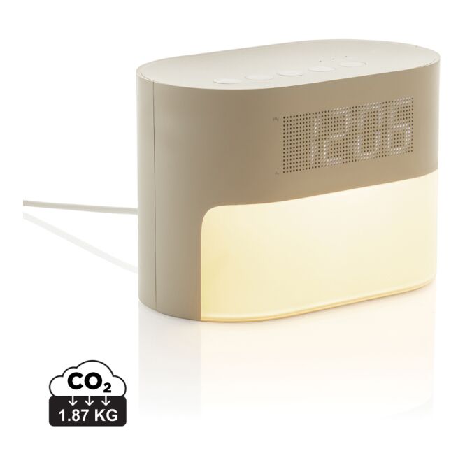 Firmengeschenk LumaRise Sonnenaufgangs-Wecker mit Logodruck – Beige – nachhaltiger Wecker aus recyceltem Material für Büro und Schlafzimmer